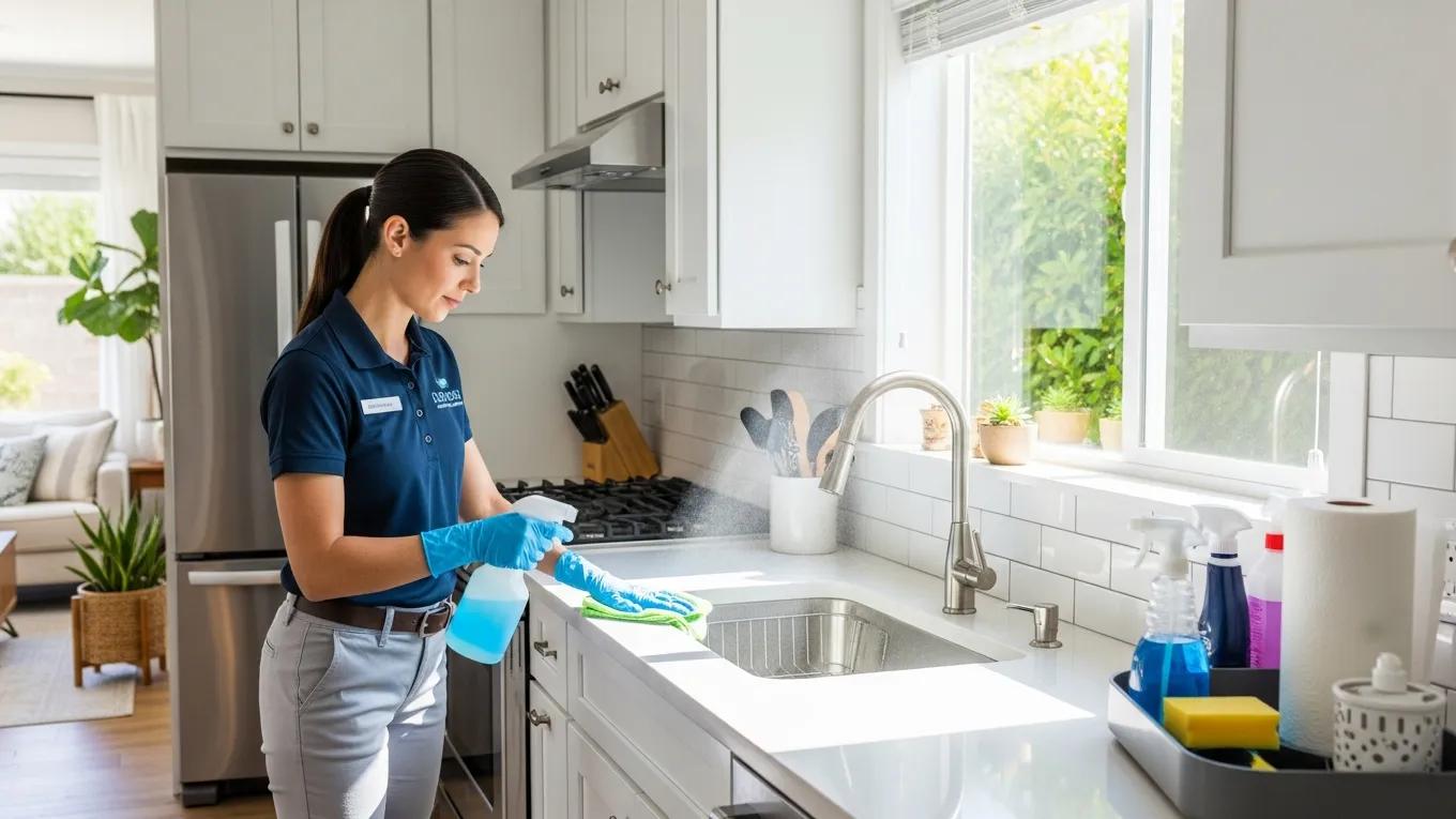 Professional cleaner sanitizing a vacation rental for guest readiness