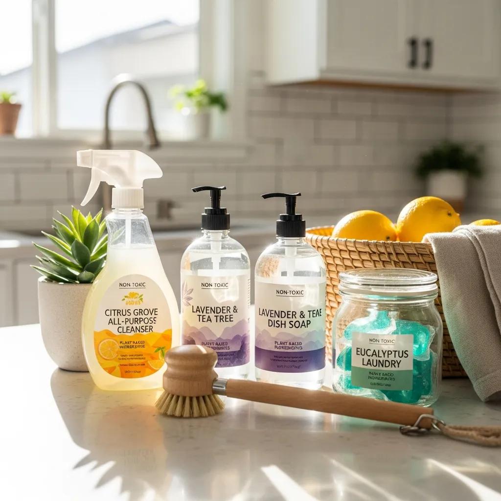 Eco-friendly cleaning products in a vacation rental kitchen, promoting sustainability