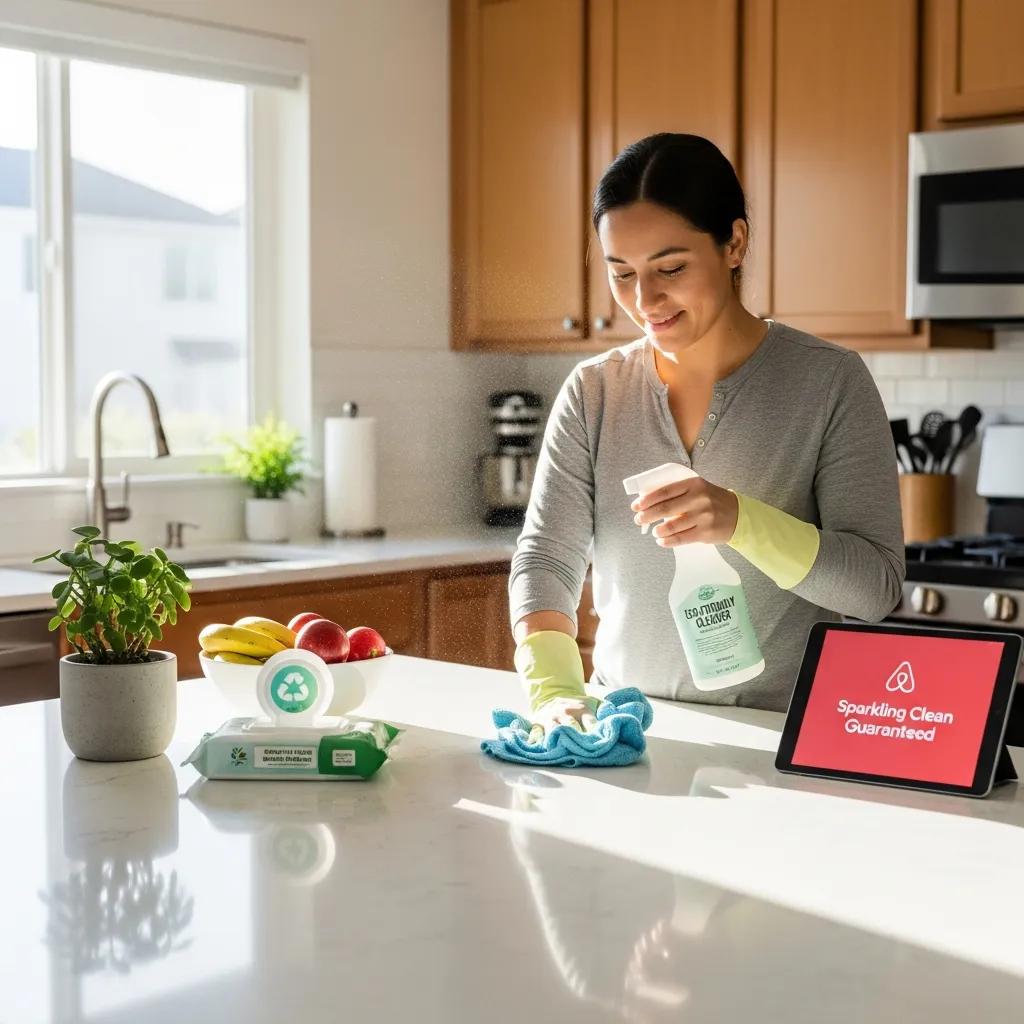 Person cleaning a kitchen countertop with eco-friendly supplies in an Airbnb