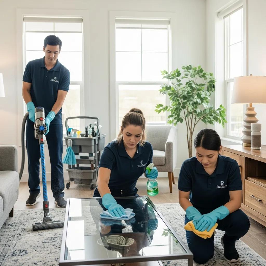Professional cleaning team efficiently cleaning a vacation rental property with eco-friendly products